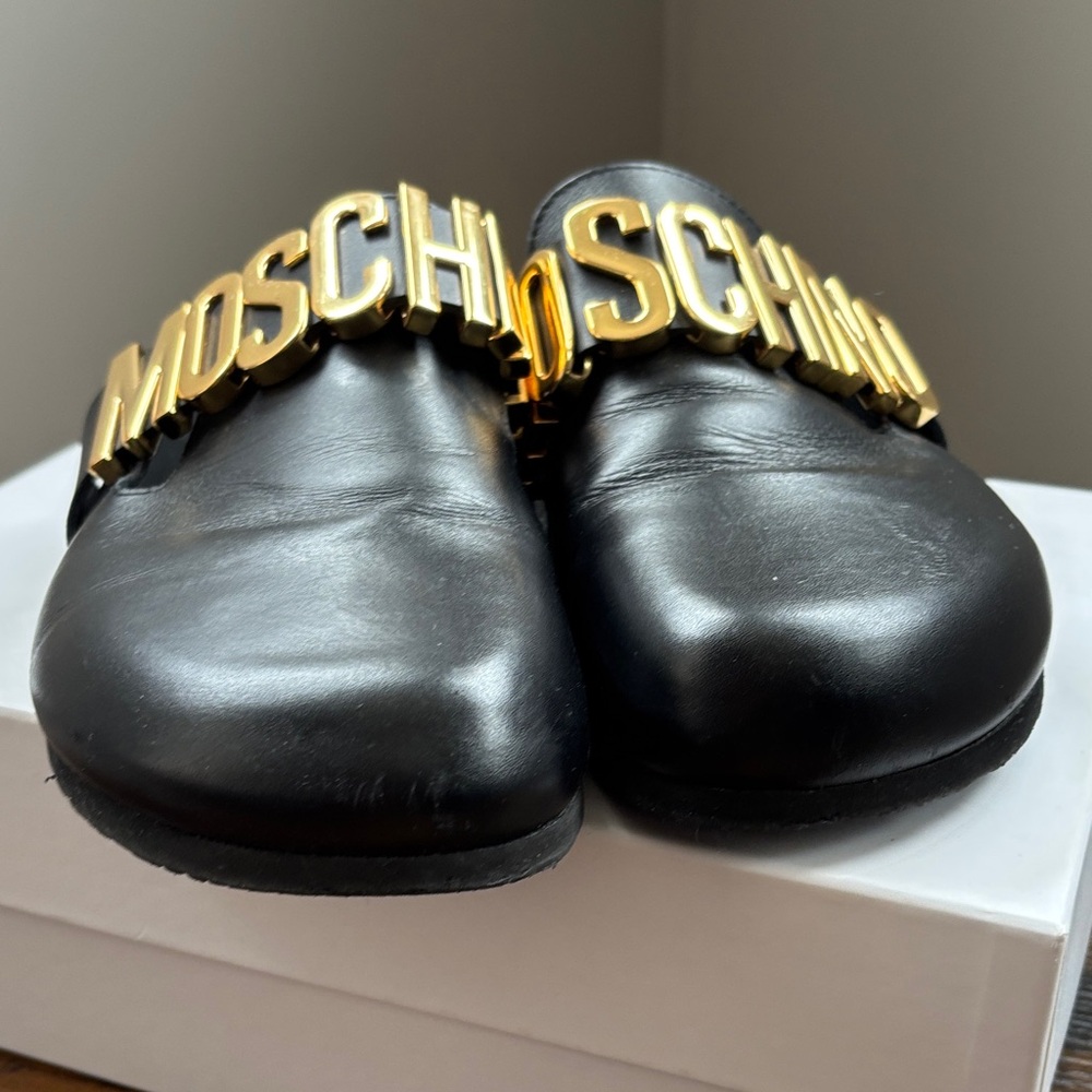 Moschino Black Leather Logo Slide Mules with Gold Lettering - Picture 7 of 7